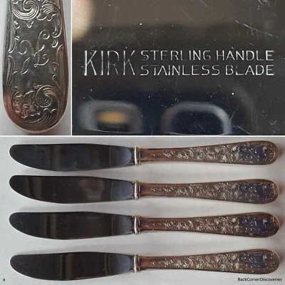 4 cuchillos esparcidores de mantequilla hueca Kirk & Son Sterling OLD MARYLAND GRABADOS 61/8" Foto 1 de 4