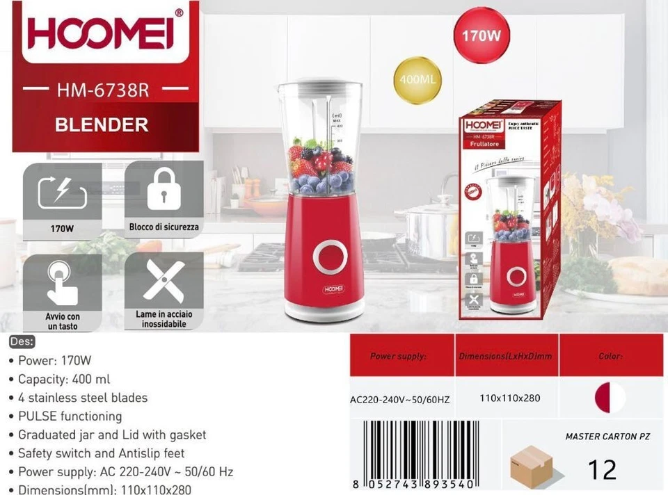 Hoomei HM-6738R Licuadora 400Ml 170W 4 Cuchillas Acero Inoxidable Función Pulso - Imagen 1 de 1