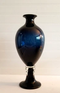 Large Hand Blown Art Glass Vase Dark Blue Footed Pedestal Bud Vase 12" - Picture 1 of 15