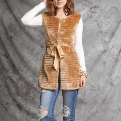 YA Los Angeles caramel faux fur ribbon tie vest - Image 1 of 4