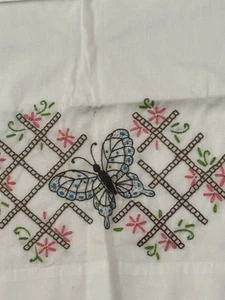 Vintage Hand Embroidered Linen Pillow Cases (2) Butterfly Flowers 31”X20” - Picture 1 of 6