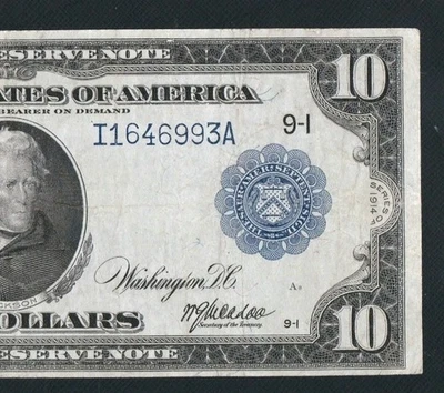 RARE 7 DIGIT SERIAL NUMBER BURKE/MACADOO 1914 $10 FRN. NO PINHOLES OR TEARS  - Image 1 of 3