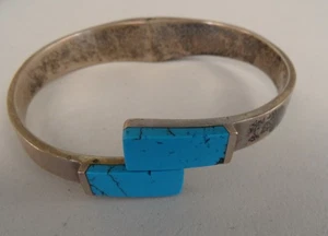 Vintage TAXCO MEXICO Sterling Silver 925 Turquoise Hinge/Clip BANGLE BRACELET 8" - Picture 1 of 9