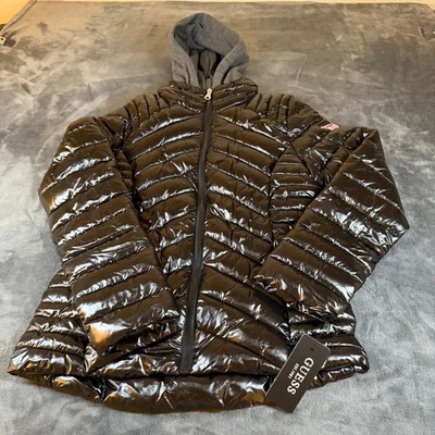 Guess Puffer Jacket Hood Shiny Black Quilted Lightweight Coat Womens Medium NWT - Image 1 of 4