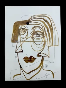 “Golden Gaze” – Original Coffee & Ink Abstract Portrait on Canson 9x12” - Picture 1 of 5