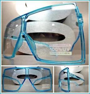 OVERSIZE VINTAGE RETRO SHIELD Style SUNGLASSES Large Square Baby Blue Frame Lens - Picture 1 of 7