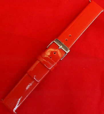 New Glossy Red Genuine Patent Leather 18mm Regular Watch Band Silver Tone Buckle - Image 1 of 4