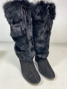 COLE HAAN Branwen Black Rabbit Fur Corduroy Suede Knee High Wedge Boots Size 8 - Picture 1 of 8