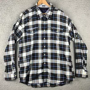 Tommy Hilfiger Men’s Button Down Shirt 2XL Green Blue Plaid Long Sleeve Slim Fit - Picture 1 of 11