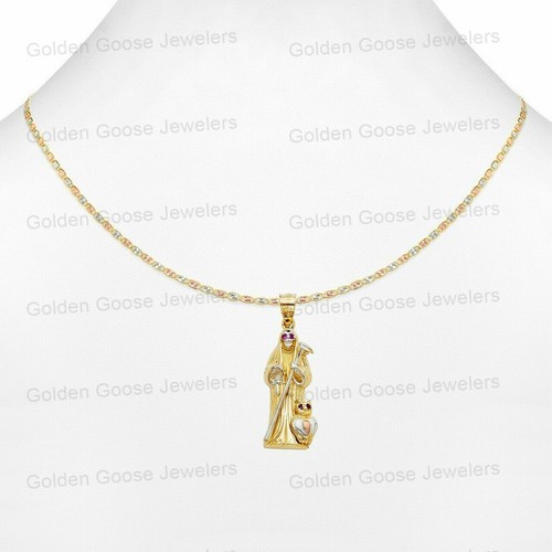 Ciondolo in vero oro bianco o giallo 14 kt con ciondolo Santa Muerte catena Valentino
