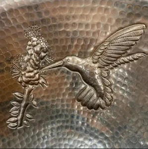 19" oval drop in Copper Bathroom Sink with Hummingbird motiff & Lift /Turn drain - Picture 1 of 3