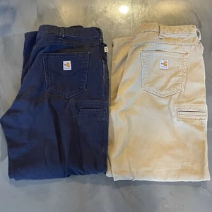 Carhartt Lot Of 2 FR 40x30 Mens Mid Weight Canvas Loose Fit Pants Blue & Tan - Picture 1 of 9