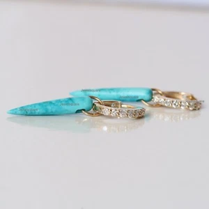 Natural Diamond & Arizona Turquoise  Drop Hoops Earrings14k Yellow Gold Jewelry  - Picture 1 of 10