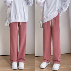 Women Corduroy Cord Trousers Straight Wide Leg Pants Slacks Elastic Waist Comfy - Picture 1 of 14
