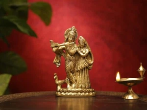 Brass Lord Krishna Idol, 5.5 3 Inch, Golden - Picture 1 of 5