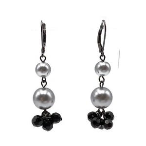 Silver Tone Bead & Black Glass Beaded Dangle Drop Lever Back Fashion Earrings - Picture 1 of 12