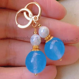 Natural 12mm Blue Topaz 6mm Shell Pearl Round Beads Dangle Leverback Earrings - Picture 1 of 5