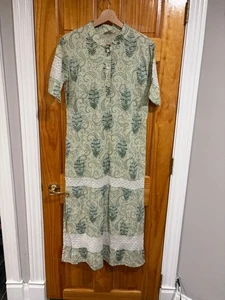 Julia Amory Block Print Cotton Kurta House Dress Green Floral Lace Trim Midi - Picture 1 of 9