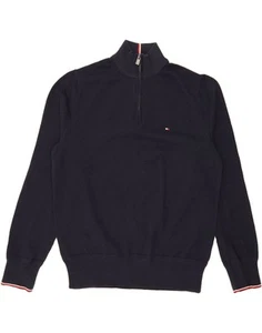 TOMMY HILFIGER Mens Zip Neck Jumper Sweater Large Navy Blue Cotton AA01 - Picture 1 of 3
