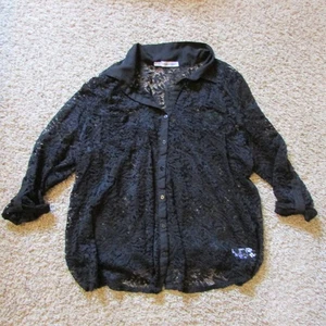 NWOT Maurices 1X Black Sheer Crochet Lace Full Button Shirt Pockets 3/4 Sleeve - Picture 1 of 2