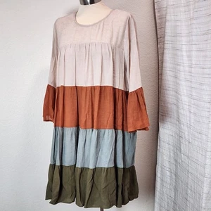 Entro Multi Colored RelaxedTiered Babydoll Dress Sz M Flared Cuff Sleeves - Picture 1 of 18