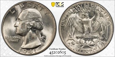 Cuarto de dólar Washington 1941 P graduación profesional MS66 Foto 1 de 3