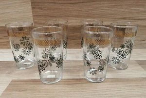 6 x Vintage Astra Glassware Tumblers Black Flowers and Gold Pattern USA Made - Picture 1 of 9