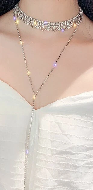 Choker Collar Layered Necklace Zircon Rhinestone Crystal Adjustable Silver Gothy - Image 1 of 3