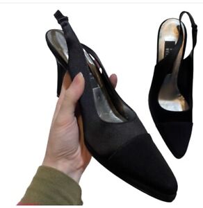 Stuart Weitzman Black Slingback Heels Size 8 AA Satin Designer Shoes Pumps