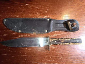 Vintage Original Bowie Knife Sabre Japan 31 Stag Bone Handle 10" Leather Sheath - Picture 1 of 1
