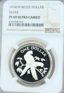 1974 BELIZE SILVER 1 DOLLAR SCARLET MACAW NGC PF 69 ULTRA CAMEO SCARCE TOP POP - Picture 1 of 4