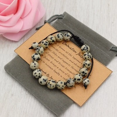 DALMATIAN JASPER Bracelet Adjustable Handmade + Gift Bag & Card Gemstone 6/8mm - Image 1 of 4