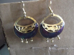 1 Pair Old Dangle Drop Metal Earrings Gold Tone Colorful Half Moon 1.25"in - Picture 1 of 5
