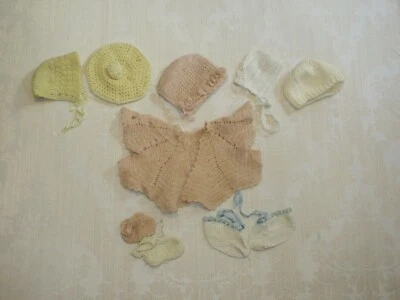 Vintage Handmade Baby Doll Wool Crocheted Knit Bonnet Cape Cap Shoes Lot 7pc - Image 1 of 4