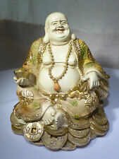 Laughing Buddha Ornament Seated Resin Figure White Face Gold Tone Trim 14cm
