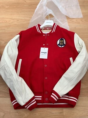 BNWT Large Mens Gant X Wrangler Blue Bell Varsity Jacket Red White Leather Wool - Image 1 of 4