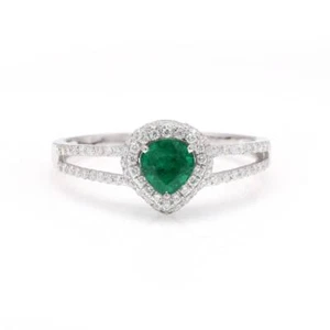 0.70 Ct Emerald & Natural Diamond Cluster Ring 14k Solid White Gold - Picture 1 of 4