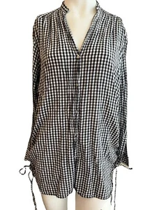 Womens Small Black White Check Blouse Long Sleeve Top Side Ties Zara Trafaluc - Picture 1 of 5