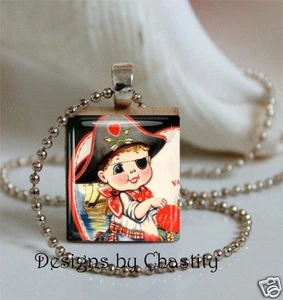 Pirate Necklace VTG Valentine Altered Art Charm Pendant Red Heart - Picture 1 of 1