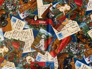 Vtg 1.5 yd VIP  Cranston Cat & Dog Postcard Radio Flyer Red Wagon Cotton Fabric - Picture 1 of 3