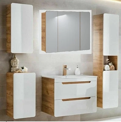 Badmöbel Set ARUBA-WEISS/EICHE-S 80 mit Waschbecken MONTIERT schneller Versand - Bild 1 von 4