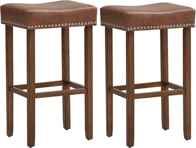 Bar Stools Set of 2, 29.5" Saddle-Shaped Kitchen Stools, PU Leather Bar Height S - Image 1 of 4