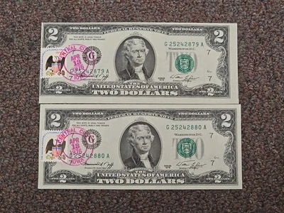 1976 $2 Dollar Bill Note (Lot of 2) Sequential Consecutive Serial Numbers Stamp - Image 1 of 2