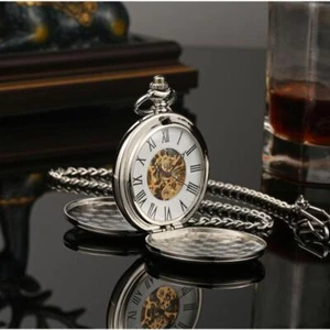 Pocket Watch Double Hunter Smooth Hand Wind Roman Numerals Mechanical Chain - Picture 1 of 29