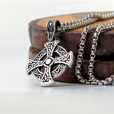 Viking Celtic Pendant Stainless Steel Necklace Norse Cross Amulet Small Large - Image 1 of 4