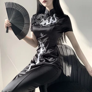 Abito donna ragazza cinese Cheongsam Qipao drago finta seta raso lungo retrò etnico - Foto 1 di 13