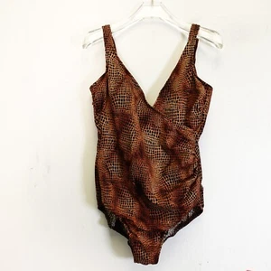Vintage Swimsuit Women One Piece Brown Padded Surplice Scoop Back Crocodile M - Picture 1 of 10