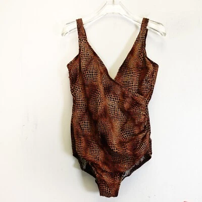 Maiô feminino vintage uma peça marrom acolchoado surplice colher costas crocodilo M - Imagem 1 de 4