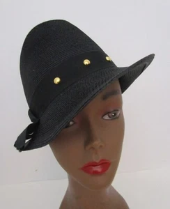 Cocky Black Straw Trilby Fedora Hat Vintage 1950s - Picture 1 of 8