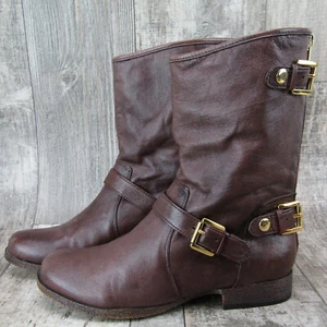 Steve Madden Damen 6 Stiefel Combat Moto Biker braun Leder gold Harness Enngage - Bild 1 von 11